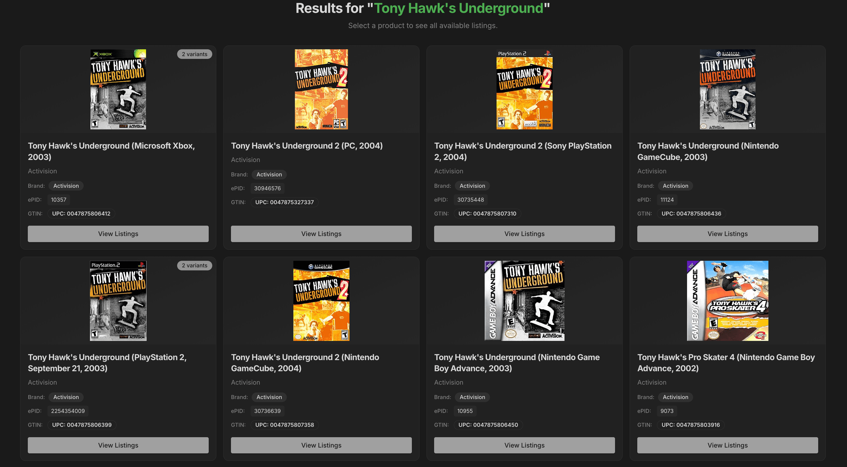 ListFuse product search results showing multiple products to choose from