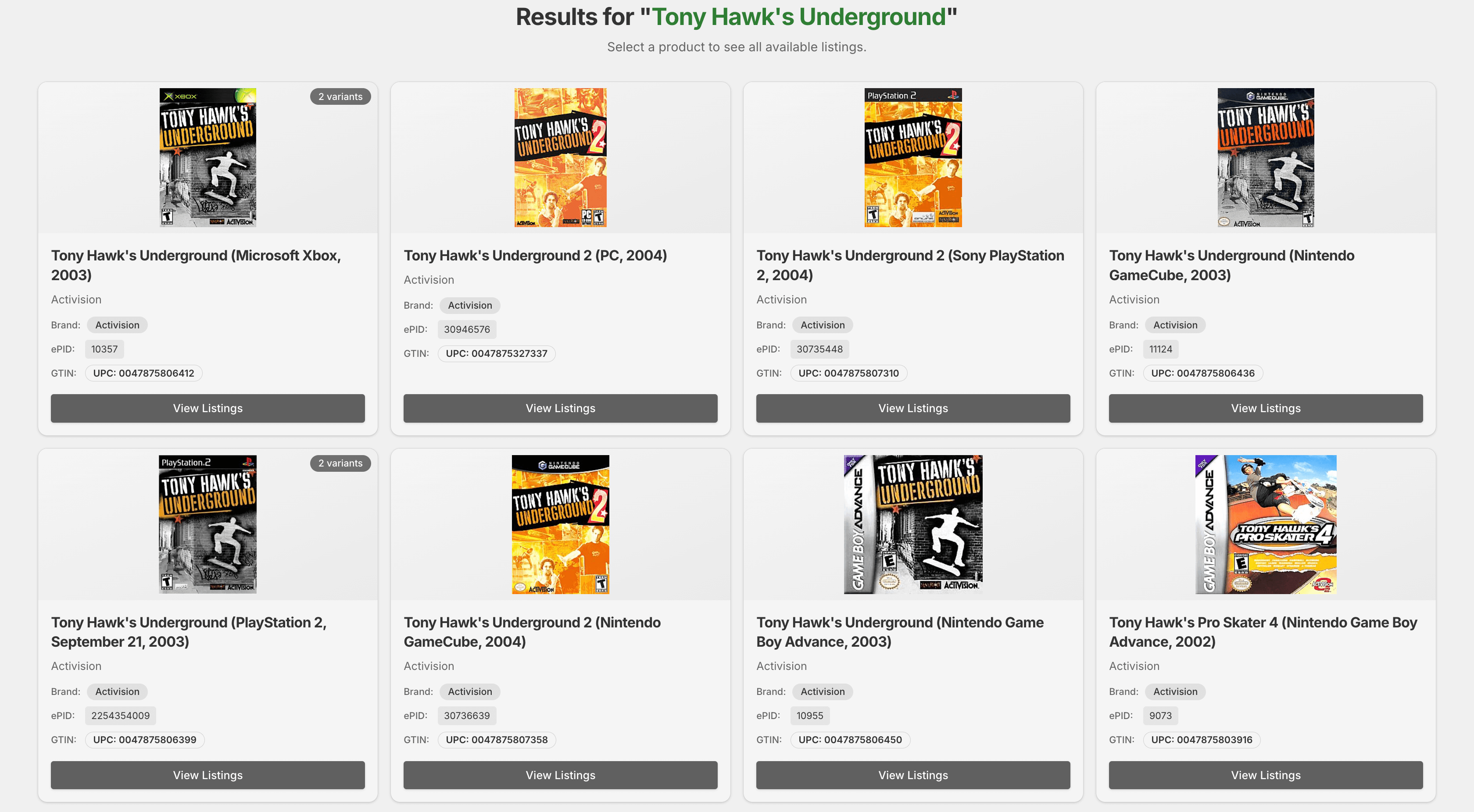 ListFuse product search results showing multiple products to choose from