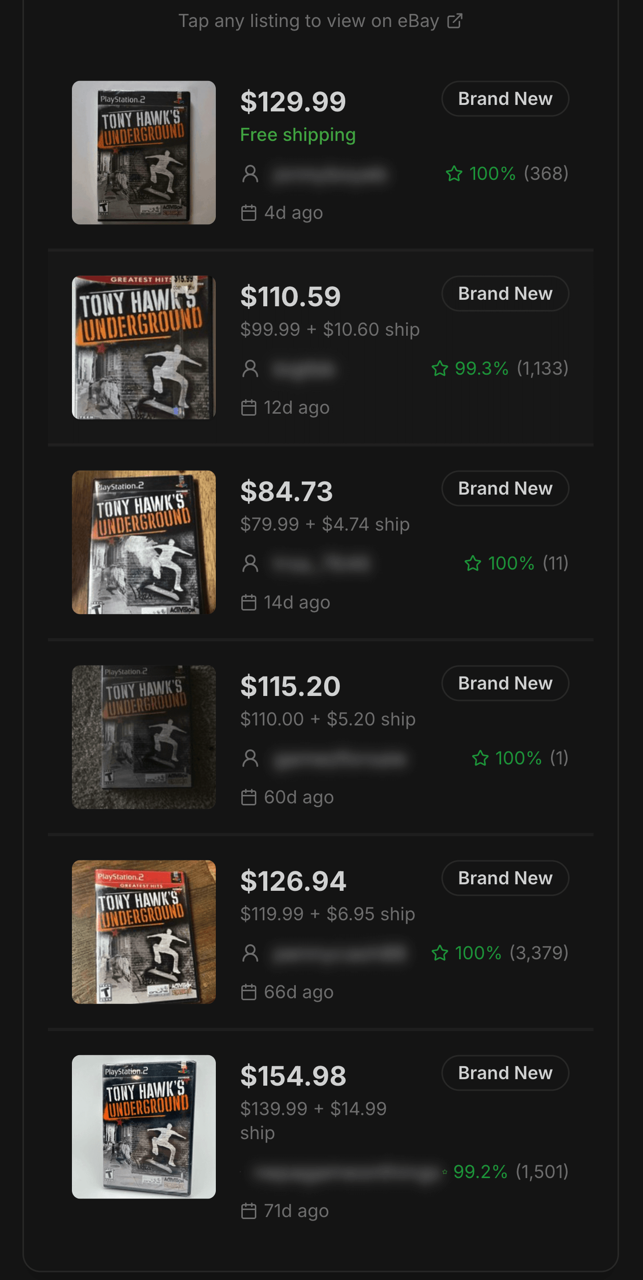 ListFuse mobile seller listings showing price comparison