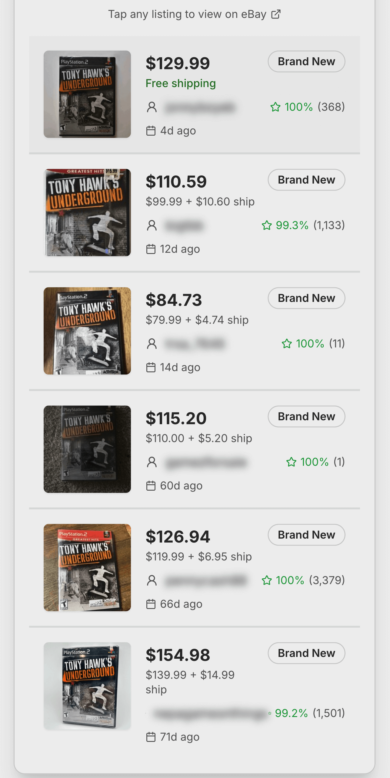 ListFuse mobile seller listings showing price comparison